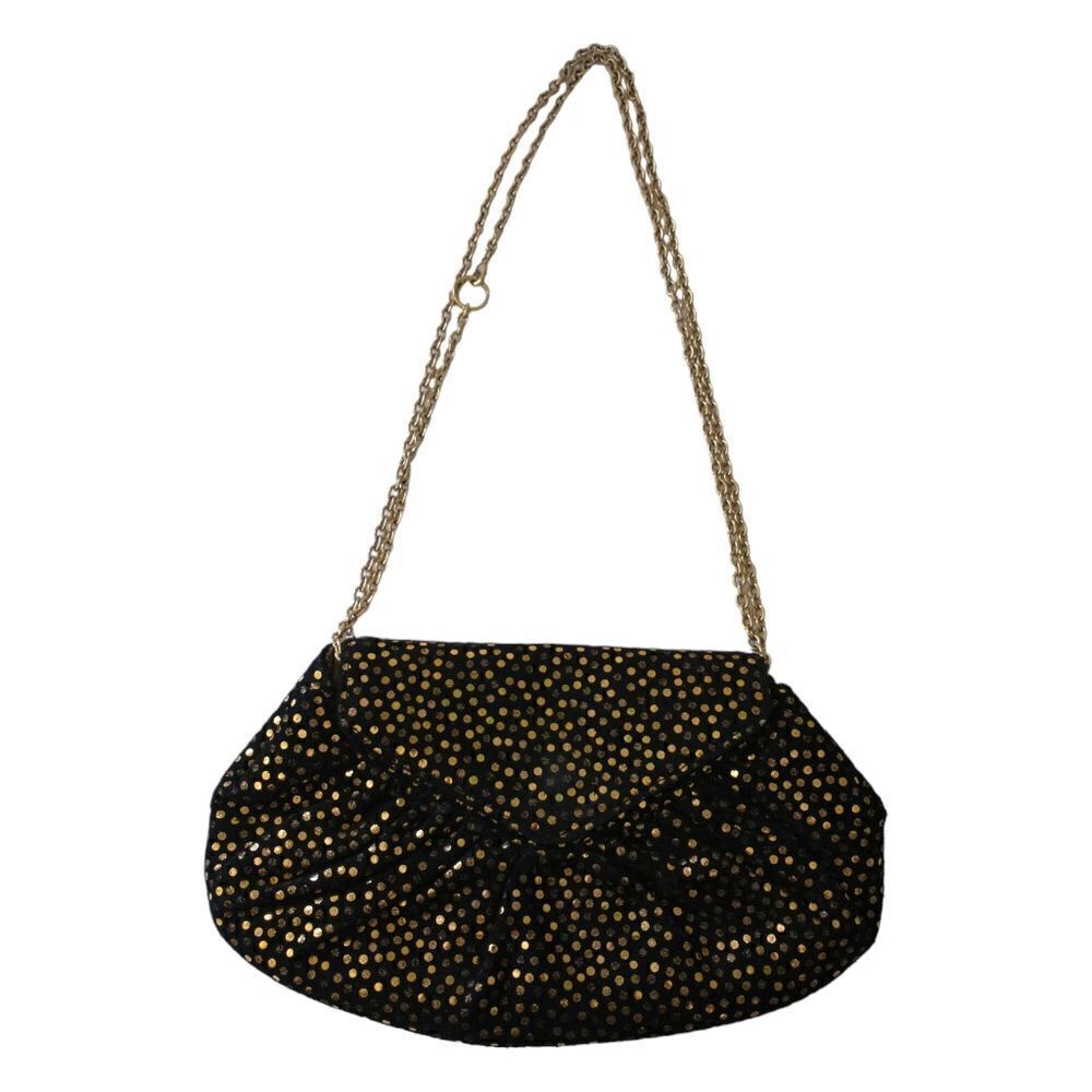 Lauren Merkin Suede‎ Bag Black Gold Metallic Dots Chain Strap Evening Baguette.